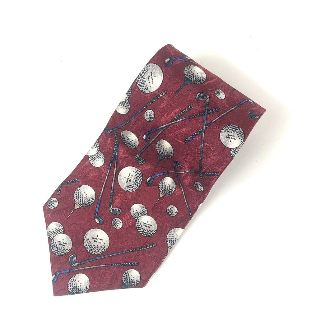 Vintage Arnold Palmer 100% Silk Tie Golf Club Ball Pattern Red Maroon Made in US
